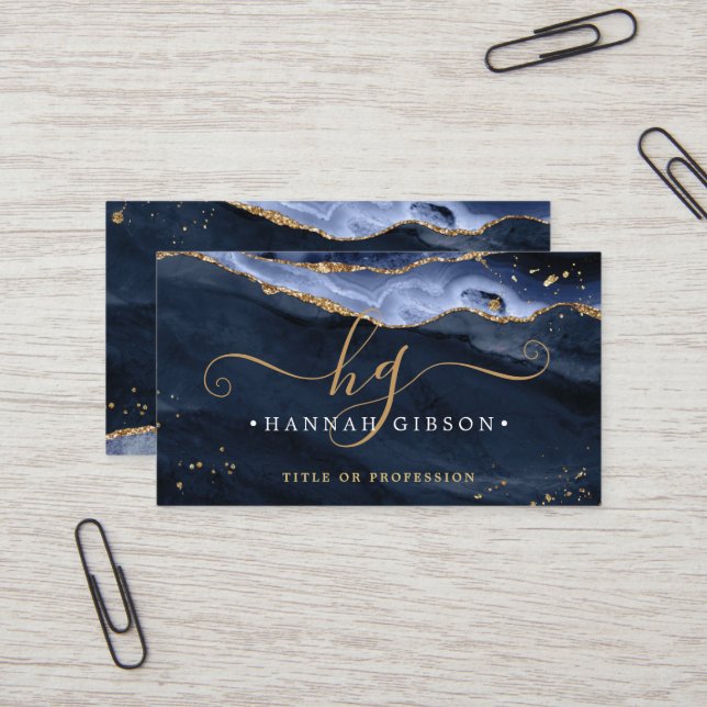 Carte De Visite Bleu Agate Script Monogramme Faux Gold Parties sci (Devant/Arrière en situation)