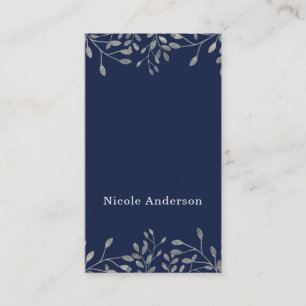 Carte De Visite Bleu & Argent Botanique Moderne Élégant Chic