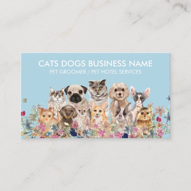 Carte De Visite Bleu Blanc Floral Chats Chiens Animaux de compagni (Devant)