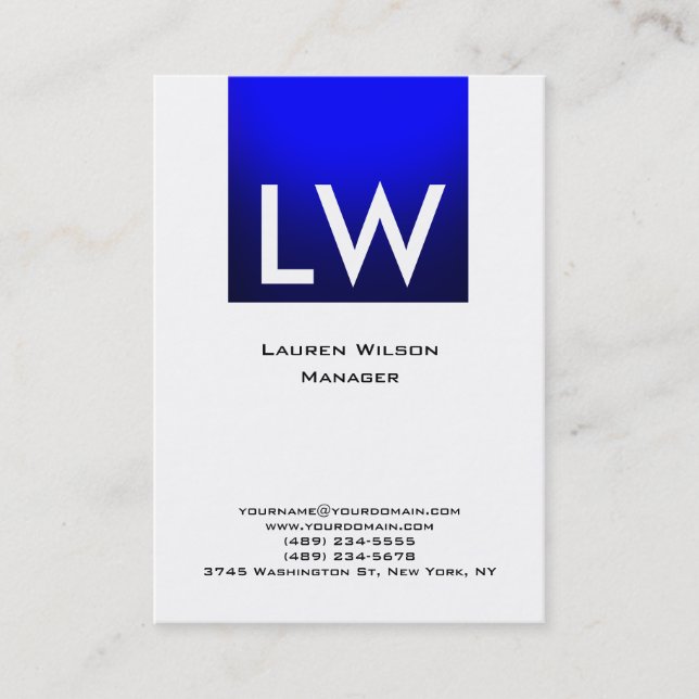 Carte De Visite Bleu Blanc Professionnel Moderne Simple Monogramme (Devant)
