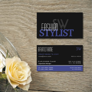 Carte De Visite Bleu chic noir et blanc simple avec Monogramme