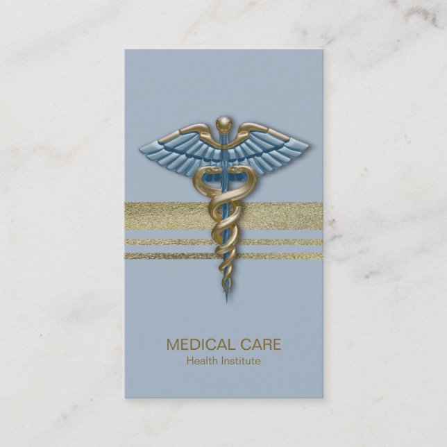 Carte De Visite Bleu clair Caduceus Faux Gold Foil rayures Médical (Devant)
