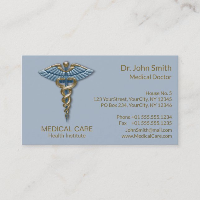Carte De Visite Bleu clair Caduceus Médicale Faux Gold Foil (Devant)