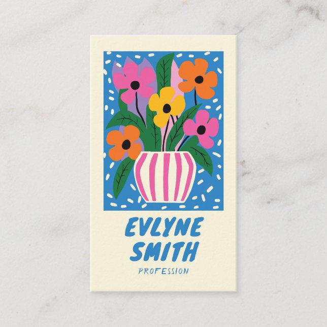 Carte De Visite Bleu coloré manuscrit dessiné Retro Funky Floral (Devant)