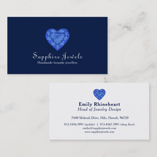 Carte de visite bleu de bijoux de bijou de coeur (Devant / Derrière)