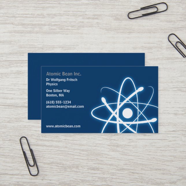 Carte De Visite Bleu de scientifique de l'atome | (Devant/Arrière en situation)