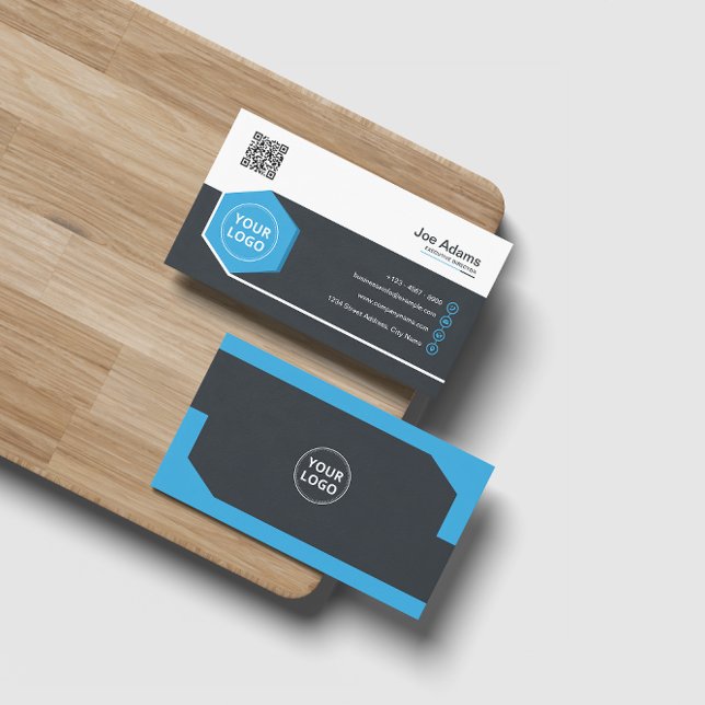 Carte De Visite Bleu Entreprise Professionnel QR Code Scannable (Créateur téléchargé)