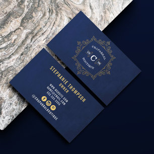Carte De Visite Bleu et or Ornement Moderne Monogramme Logo