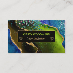 Carte De Visite Bleu et Vert Glamour Faux Paillettes Agate Or 