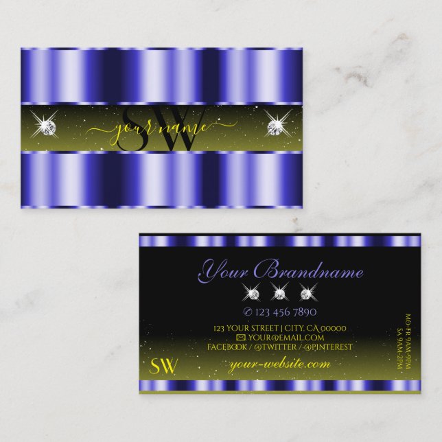 Carte De Visite Bleu flashy Jaune Noir Étincelle Bijoux Monogramme (Devant / Derrière)