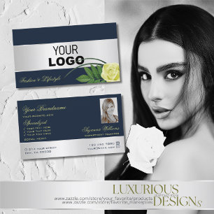 Carte De Visite Bleu foncé Argent Décor Rose Fleur Logo et photo