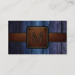 Carte De Visite Bleu foncé Bois Brown cuir look Monogramme
