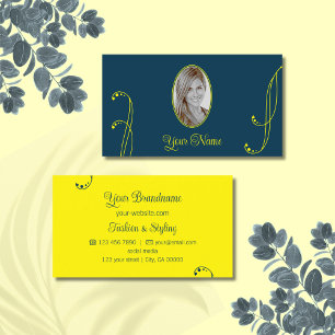 Carte De Visite Bleu foncé et jaune orné avec portrait photo