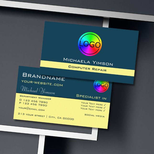 Carte De Visite Bleu foncé Jaune Chic avec logo professionnel (Créateur téléchargé)