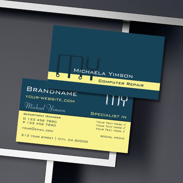 Carte De Visite Bleu foncé Jaune clair avec Initiales Professionne (Créateur téléchargé)