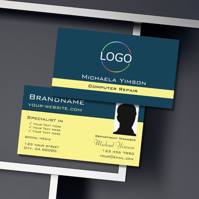 Carte De Visite Bleu foncé Jaune clair avec logo et photo chic (Créateur téléchargé)