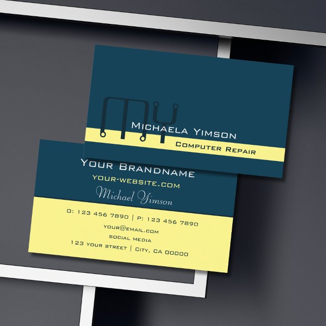 Carte De Visite Bleu foncé Jaune clair avec Monogram Professional (Créateur téléchargé)