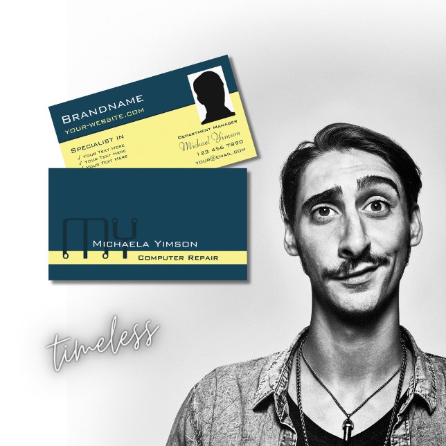 Carte De Visite Bleu foncé Jaune clair avec Monogramme et Photo (Créateur téléchargé)