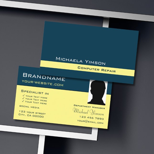 Carte De Visite Bleu foncé Jaune clair avec professionnel photo (Créateur téléchargé)