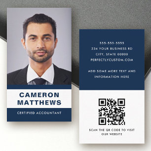 Carte De Visite bleu foncé moderne et blanc ajouter photo code QR