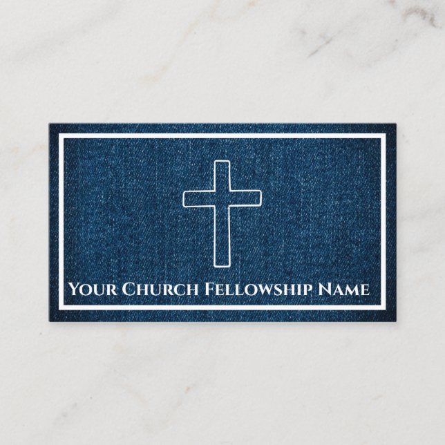Carte De Visite Bleu foncé robuste Denim Cross Outline Church Past (Devant)