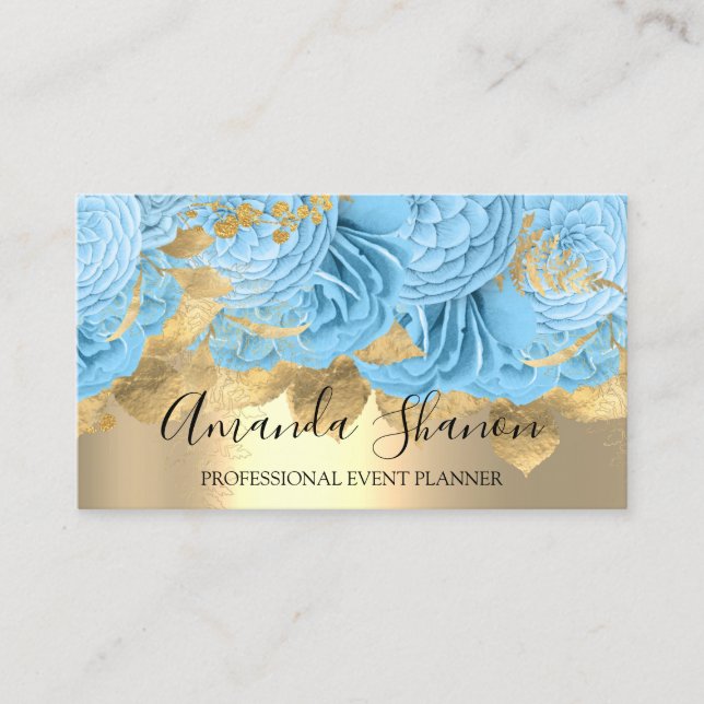 Carte De Visite Bleu Gold Roses logo de la Fleur Planificateur d'é (Devant)