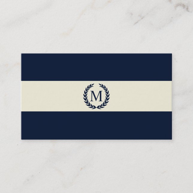 Carte De Visite Bleu marine et monogramme de rayure de crème (Devant)