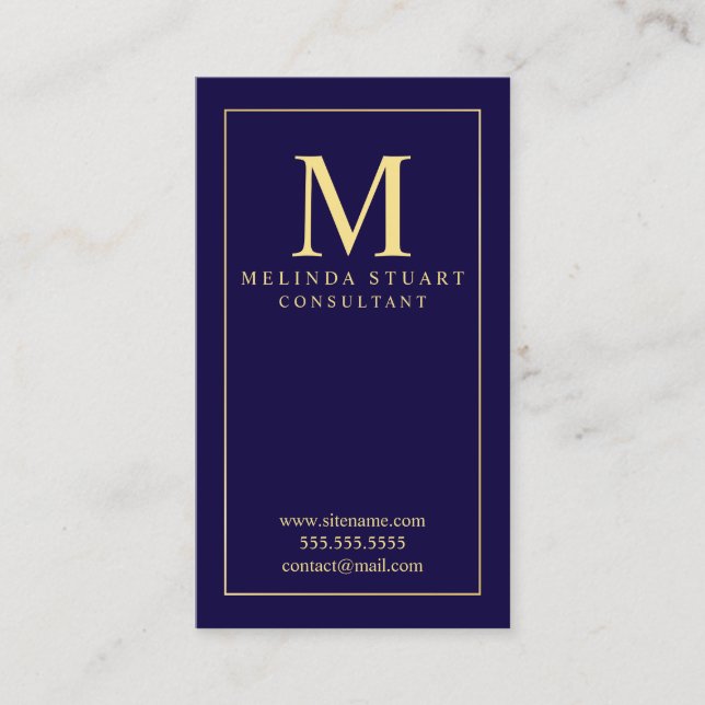 Carte De Visite Bleu marine et monogramme élégant d'or (Devant)