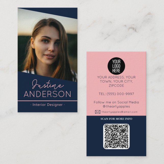 Carte De Visite bleu marine moderne logo photo QR code professionn (Devant / Derrière)