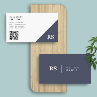 Carte De Visite Bleu Marine | Monogramme Code QR élégant