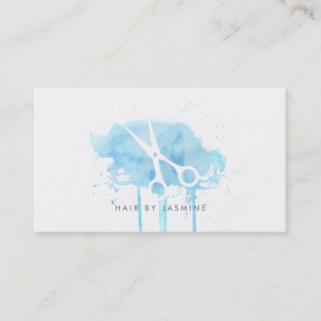 Carte De Visite bleu moderne chic d'aquarelle de cheveux de (Devant)