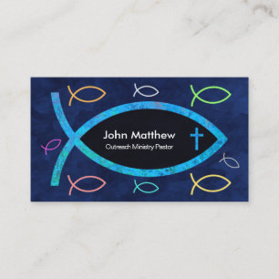 Carte De Visite Bleu Océan coloré Ichthus Fish Pasteur chrétien