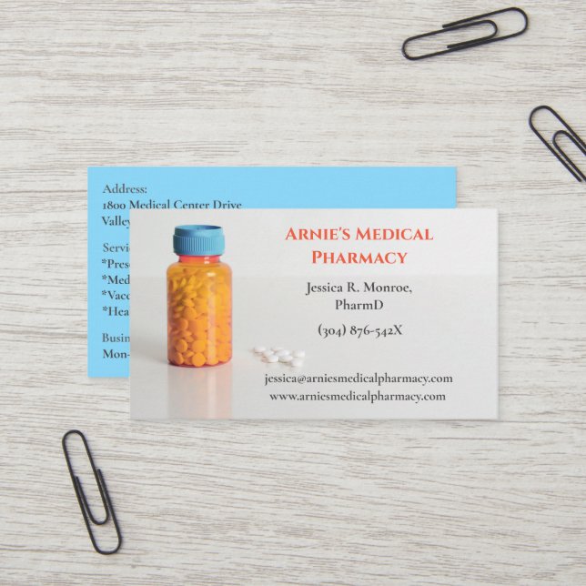 Carte De Visite Bleu Orange Bouteille Pharmaciste pilules de pharm (Devant/Arrière en situation)