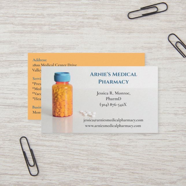Carte De Visite Bleu Orange Bouteille Pharmaciste pilules de pharm (Devant/Arrière en situation)
