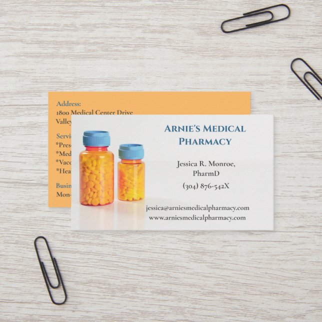 Carte De Visite Bleu Orange Bouteilles Pharmacy Pills (Devant/Arrière en situation)