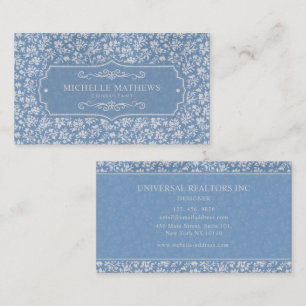 Carte De Visite Bleu pastel doux et motif floral bohème blanc gris