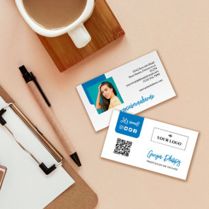 Carte De Visite Bleu QR Code Photo Logo Médias sociaux