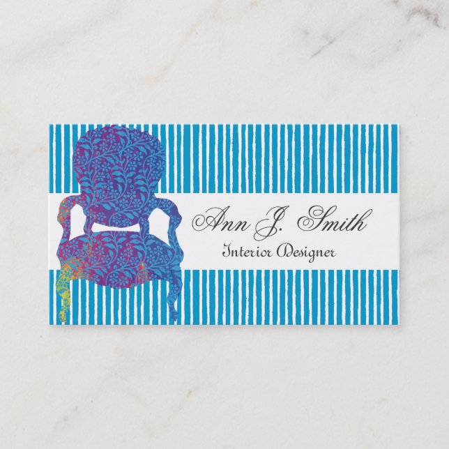 Carte De Visite Bleu rayé élégant de dessinateur d'intérieurs (Devant)