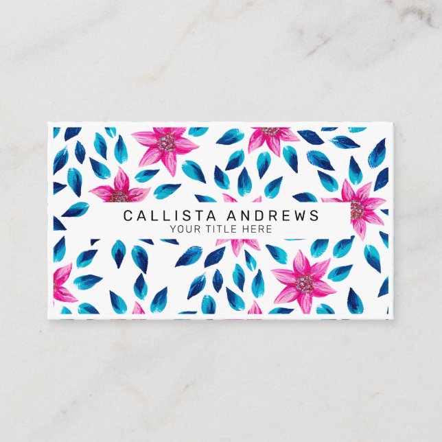 Carte De Visite Bleu rose clair Fleurs Feuilles Peinture acrylique (Devant)