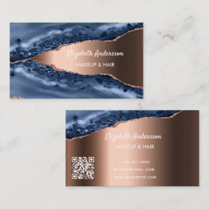 Carte De Visite Bleu rose or agate marbre élégant moderne code QR