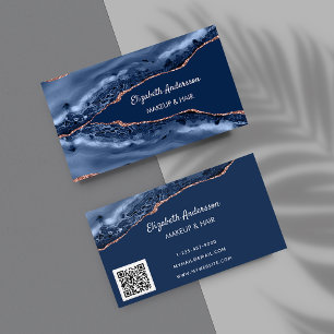 Carte De Visite Bleu rose or agate marbre élégant moderne code QR