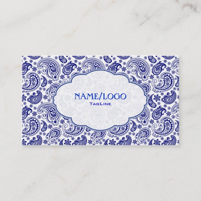 Carte De Visite Bleu sur blanc Retro Paisley Modèle (Devant)