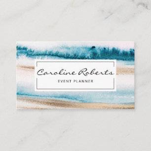 Carte De Visite Bleu tendance Aquarelle Gold Brushstrokes Élégan