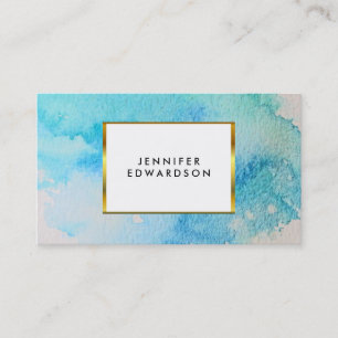 Carte De Visite Bleu turquoise aquarelle éclaboussure or élégant