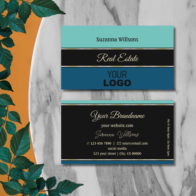Carte De Visite Bleu Turquoise chic sur noir élégant avec logo (Créateur téléchargé)