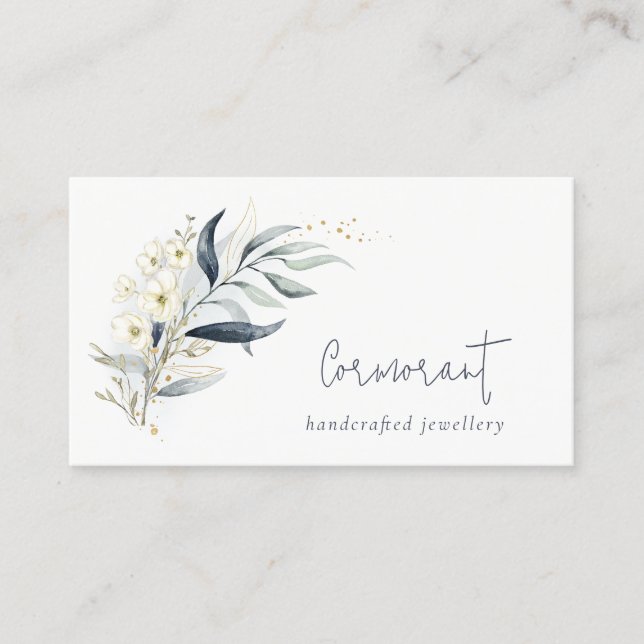 Carte De Visite Bleu Vert Or Feuilleté Botanique Floral Bunch (Devant)