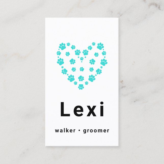 Carte De Visite Bleu vert Pawprint Coeur animal Walker Sitter (Devant)