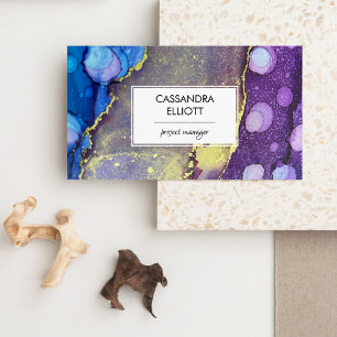 Carte De Visite Bleu violet or Abstrait Encre d'alcool Liquide Art