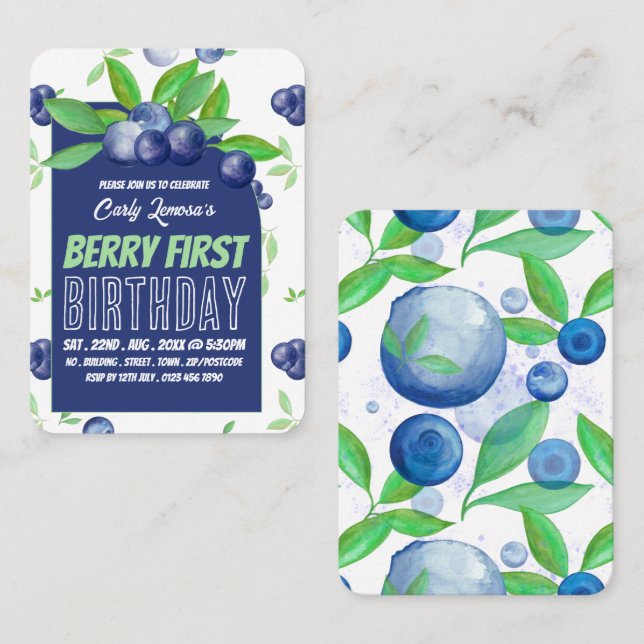 Carte De Visite Bleus, Berry Premier Anniversaire Billets de remis (Devant / Derrière)