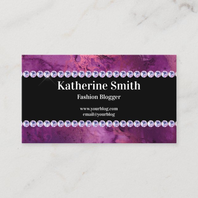 Carte De Visite Blogueur Faux Purple Marble et Rhinestone Fashion (Devant)